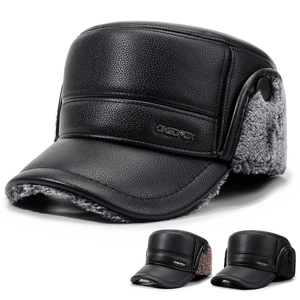 Men Winter Warm Hat Faux Leather Thickened Faux Fur Earflaps Windproof Cold Weather Flat Top Cadet Cap Outdoor Trapper