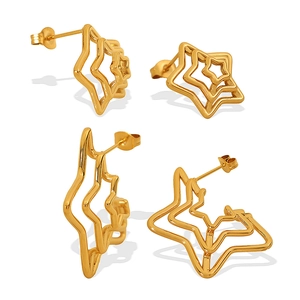 Minimalist gold tiered spider web star earrings shown in multiple display angles
