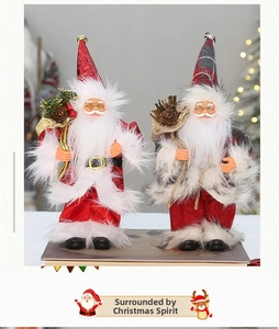 Detail of Santa Claus dolls in red sequins and plaid coats for Christmas window decoration