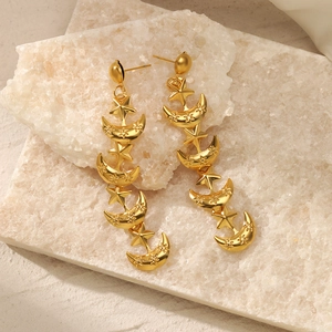 18K gold plated stainless steel celestial drop earrings with sun and moon pattern