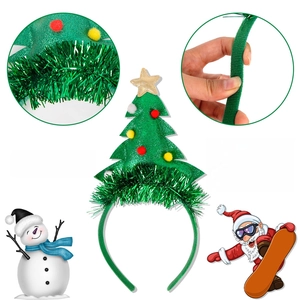 Detail view of high-elasticity Christmas tree headband with colorful plush ball ornaments