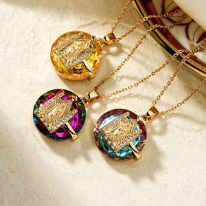 Fashion colorful crystal Virgin Mary portrait pendants on stainless steel necklaces