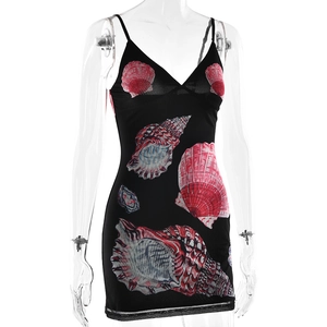 Detail of black mesh bodycon dress featuring blue and pink shell print and thin straps