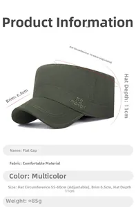 Detail showing embroidered FS FASHION logo and size parameters of the camo flat top cap