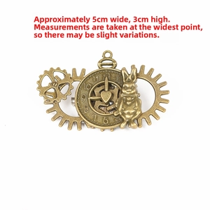 Steampunk bronze rabbit brooch detail with vintage gears and size info 5cm x 3cm