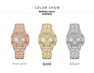 Detailed comparison of luxury iced-out quartz watches in gold, rose gold and silver colors