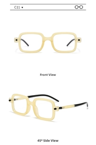 Front and 45-degree angle view of vintage square transparent yellow sunglasses frame