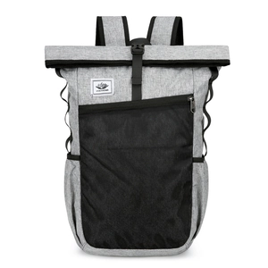 Waterproof grey roll-top travel backpack with front mesh pocket and buckle closure