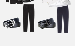 Men's outfits showing premium leather belts with silver and black alloy buckles