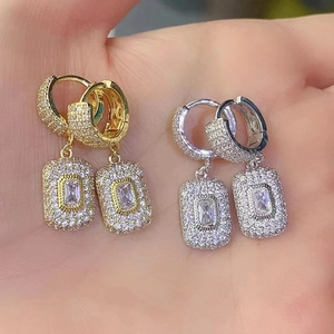 Micro-pave zircon rectangular drop earrings in gold and silver finish for women
