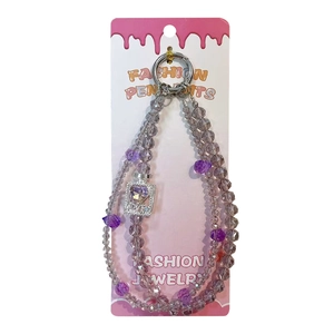 Purple crystal beaded phone chain with perfume bottle charm and silver ring strap.