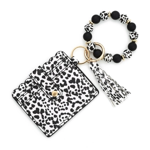 Silicone bead keychain bracelet set with cow print leather card holder and tassel
