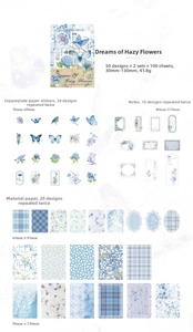 Macro detail of vintage floral and butterfly scrapbooking stickers with pastel blue tones