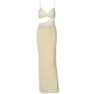 Detail of beige cutout maxi dress with side mesh panels and sleek hollow design