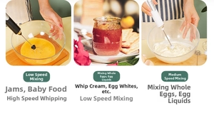 Three-speed electric mixer showing settings for eggs, jam, and whipped cream