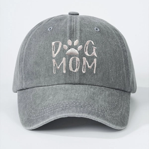 Close-up of the vintage washed grey cotton baseball cap with DOG MOM embroidery