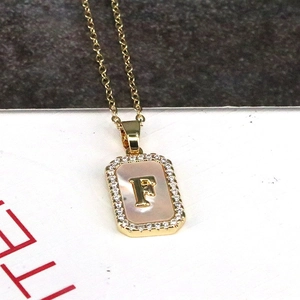 18K gold rectangle shell necklace with letter F pendant and sparkling zircon border