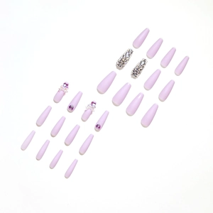 Purple coffin press-on nails set with glitter rhinestones and bow tie decorations