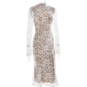 Detailed macro of white lace fabric pattern on a slim-fit long-sleeved midi dress
