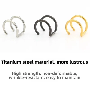 Detailed view of titanium steel double C-shaped ear cuffs in silver, gold, and black colors