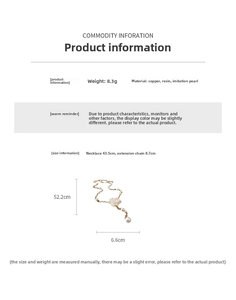 Detail view of flower and pearl necklace specifications with dimensions and materials