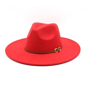 Classic red wide brim wool fedora hat with a brown leather band and gold metal buckle
