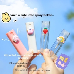 Close-up of portable mini spray bottles with 3D cartoon motifs for skincare and perfume