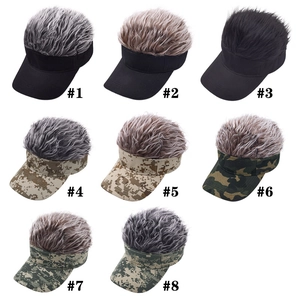 Collage of wig sun visor caps in black and camouflage styles with diverse hair colors