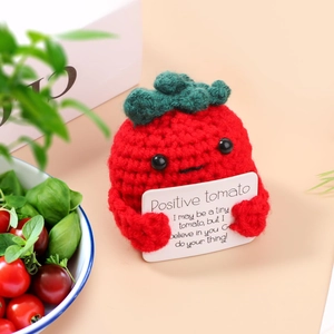 Handmade crochet red tomato plush doll with positive quote card for home decor