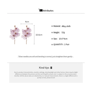 Detailed size chart for long purple fabric flower tassel earrings with alloy components