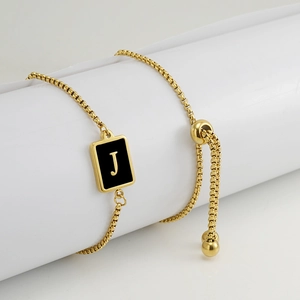 Bracelet ajustable en acier inoxydable 18K avec pendentif lettre J carré noir