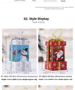 Detailed view of Christmas snowman and Santa Claus gift boxes with glitter handles
