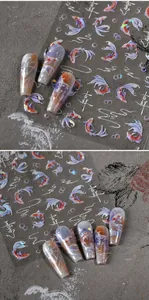 Detailed view of M-897 iridescent koi fish nail stickers with Chinese calligraphy motifs