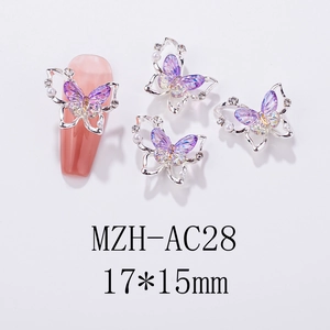 Macro detail of 3D aurora butterfly nail charms with purple gradient and pearls