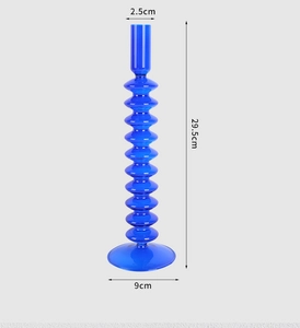 Blue beaded glass candle holder with detailed size measurements 29.5cm height and 9cm base