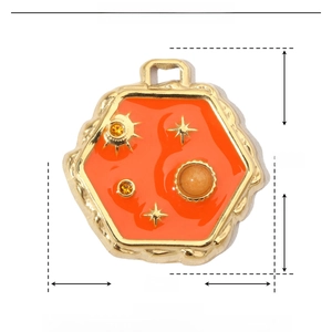 Detail showing orange enamel hexagon pendant dimensions 22mm x 20mm in stainless steel