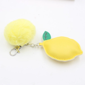 Cute yellow PU leather lemon keychain with fuzzy pom pom and silver metal lobster clasp