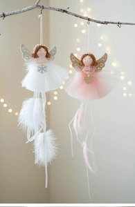 Detail of Christmas angel pendant with mesh skirt, feather accents and glittery wings