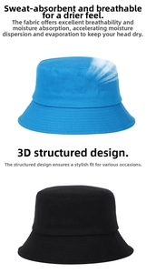 Detail of 3D cut cotton bucket hats in blue and black with sweat-absorbent fabric