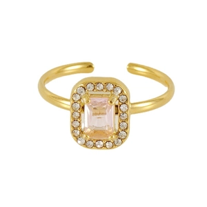 Elegant 18K gold-plated adjustable ring with pink rectangular stone and white zircon stones