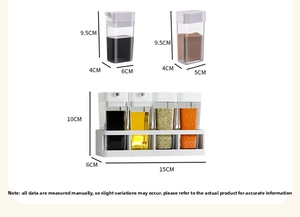 Detailed dimensions of Japanese kitchen spice bottle set with storage base and white lids