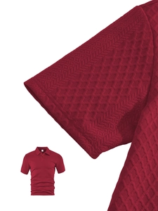 Macro detail of wine red waffle knit texture and sleeve stitching on men polo shirt