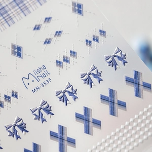5D relief nail stickers with blue bow and checkered patterns for minimalist manicure