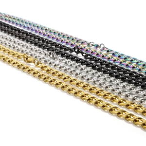 Detail view of 3-9mm Cuban link chains in gold, silver, black, and rainbow steel