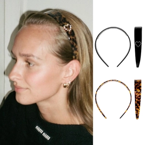 Detailed view of tortoise shell and black headbands featuring rhinestone heart accents