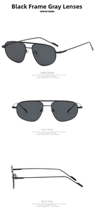 Three-view display of black metal aviator sunglasses with polarized grey lenses