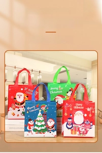 Detailed close-up of colorful Christmas non-woven gift bags with festive holiday patterns