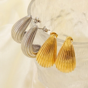 Stainless Steel Ribbed Water Drop Stud Earrings For Women Vintage 14K Gold Plated Shell Texture Elegant High End Design