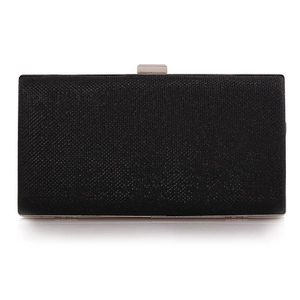 Elegant black Saffiano square clutch bag with silver metal clasp for formal dinner events