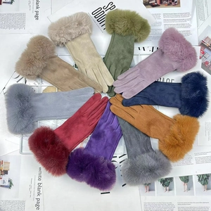 Women Winter Gloves Faux Suede Faux Fur Cuffs Touch Screen Thermal Windproof Elegant Cold Weather Outdoor Accessory